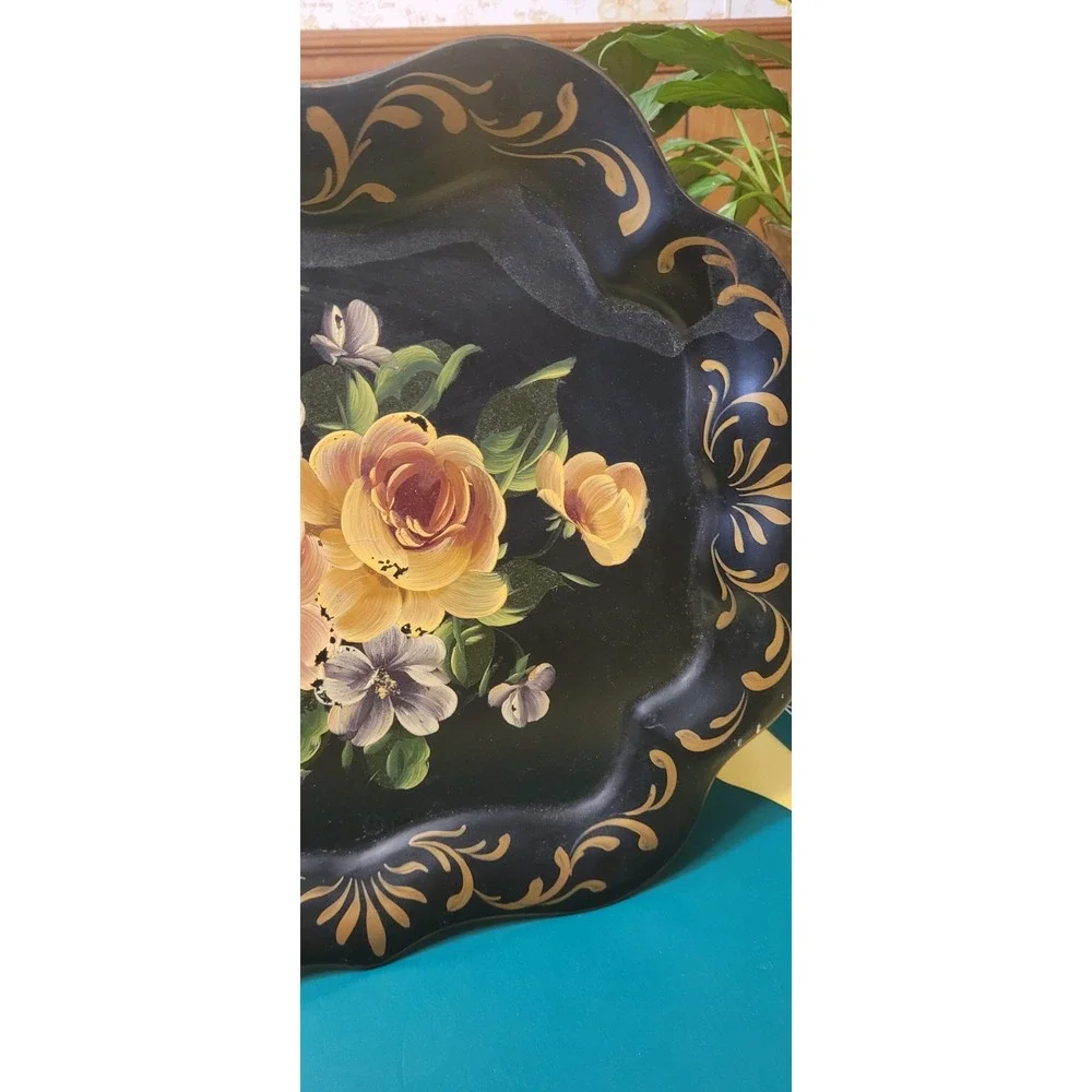 Vtg Large Black Floral Hand Painted Toleware Tray with Gold Scrolls 19 X 15